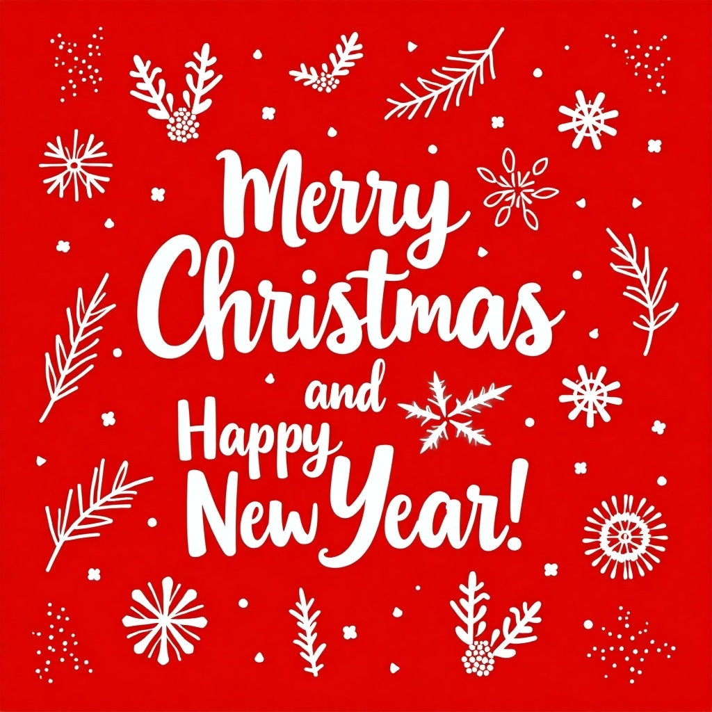 The image features a festive holiday card. The background is a vibrant red, enhancing the holiday mood. Prominently displayed in white cursive letters are the words 'Merry Christmas and Happy New Year!'. Surrounding the text are simple illustrations of Christmas elements, including snowflakes, holly leaves, and pine branches. These details create a harmonious pattern that adds to the cheerful and seasonal theme.