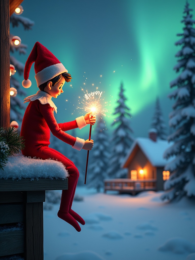 Elf on the shelf sits with back to viewer. Elf gazes at northern lights while holding glowing wand. Charming Christmas scene with snow-covered ground. Cozy house in distance. Elf embodies magic and wonder of Christmas. Name 'Merry Christmas Milan, Rodrigo, Angellee and Delilah' appears from wand.