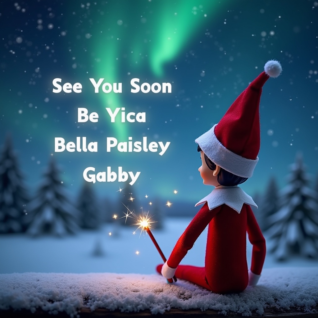 The image features an elf on the shelf positioned with its back to the viewer, gazing up at a stunning sky adorned with northern lights. The elf, wearing a classic red and white outfit, is using a magic wand to elegantly inscribe names into the sky. The names 'Bella Paisley' and 'Gabby' appear as if crafted from twinkling stardust. Below, a serene snow-covered landscape enhances the magical atmosphere of Christmas. The scene embodies a joyful spirit of the holiday season with a touch of fantasy.