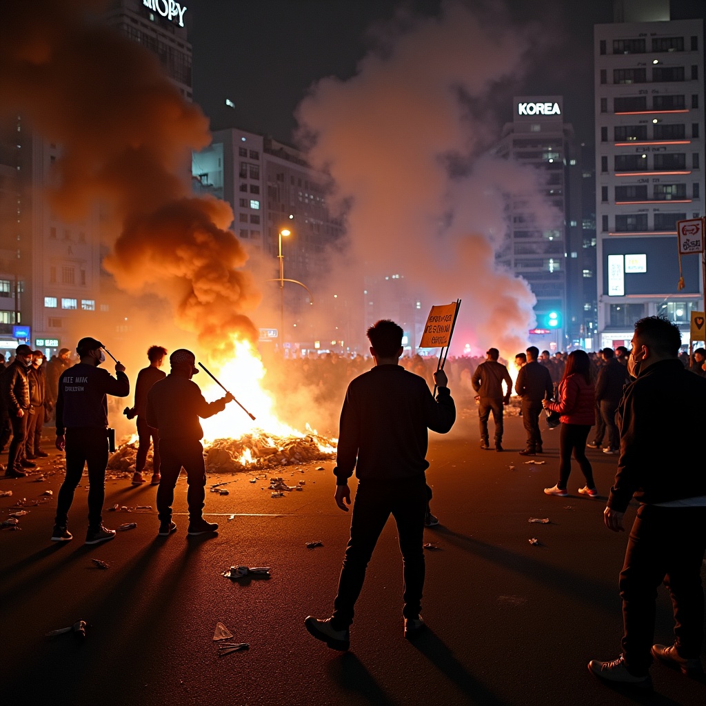 Chaotic street scene in Seoul during civil unrest. Fiery night with barricades burning. Protesters clashing with riot police. Smoke fills the air. High-rise buildings in the background. Expression of anger and defiance.