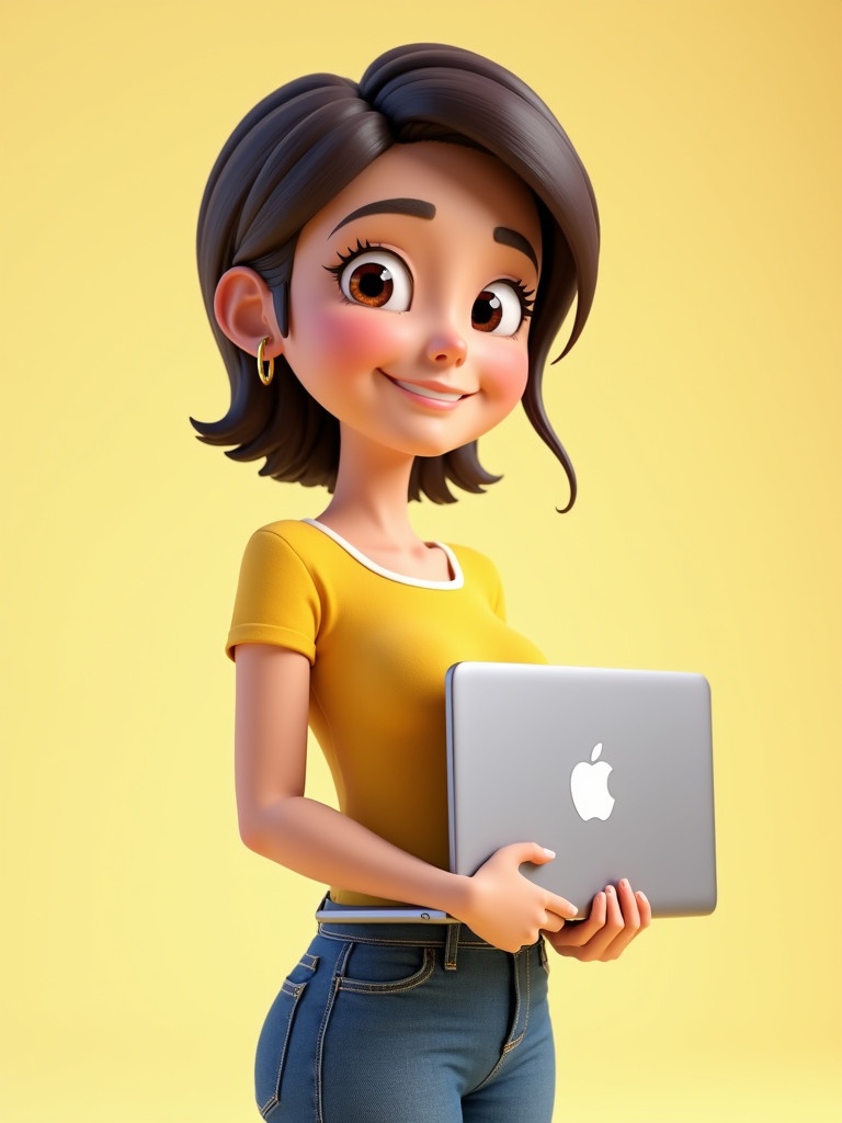 Cartoon character of a young woman holding a laptop. Character has short hair and a smile. Dressed in a yellow short-sleeve shirt and jeans. Look styled like Pixar animations in 3D.