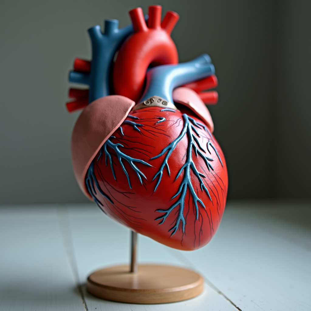 A realistic anatomical model of a human heart with red and blue vessels, mounted on a wooden base.