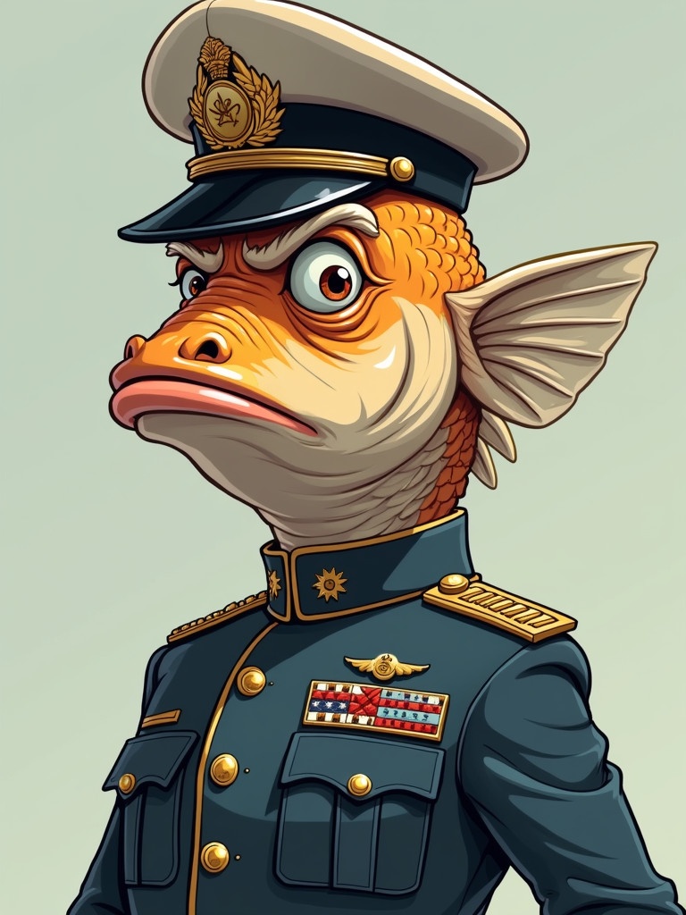 Cartoon character of a fish in military attire. The fish has a very old grumpy face. It wears a military uniform with a hat. The uniform is detailed and elaborate.