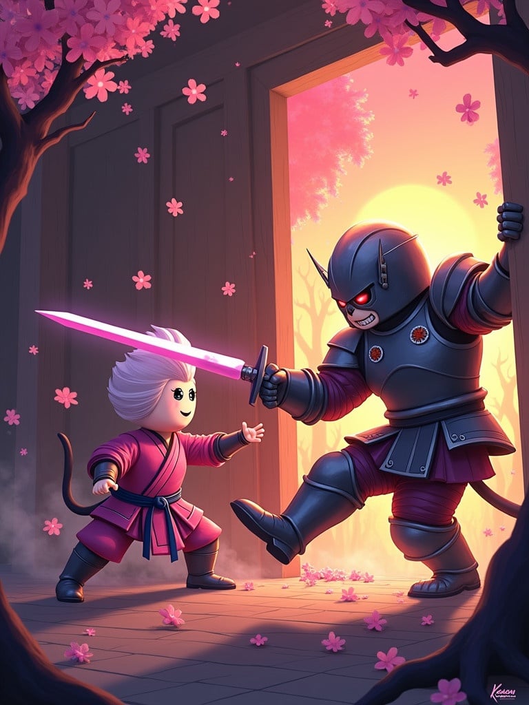 A karate fight in a dojo with two Roblox-style characters. One character has pink armor and a katana emitting an aura. Background features cherry blossom trees and swirling black smoke. Scene filled with tension and energy. Bright colors highlight the chaos and hope of the moment.