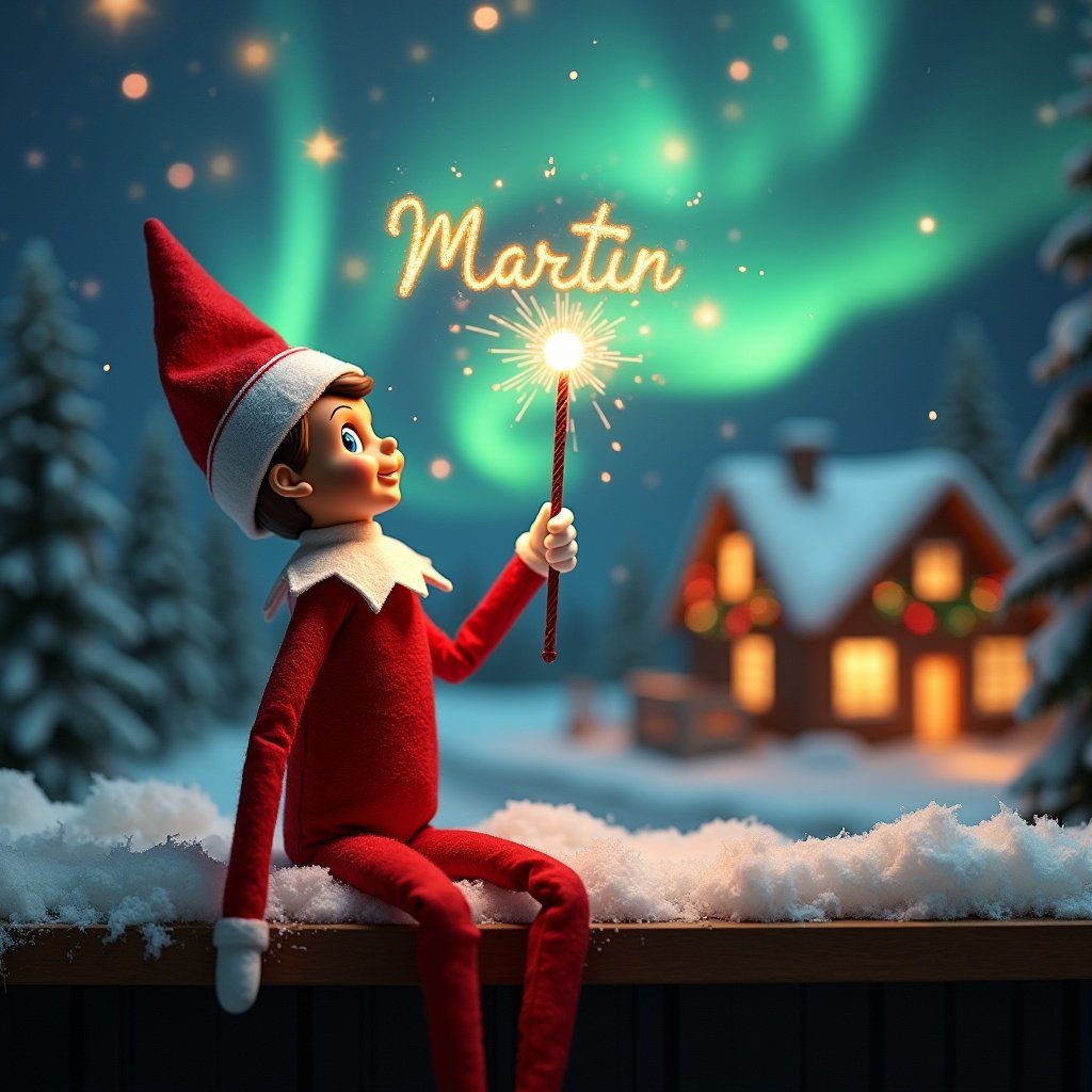 Elf on the shelf sits with back to viewer gazing skyward. Elf holds glowing wand emitting sparkling light. Background showcases charming Christmas scene with colorful northern lights. Cozy house decorated for holidays visible in distance. Snow covers ground creating winter atmosphere. Elf in playful position embodies spirit of magic and wonder associated with Christmas. Name 'Martin' written in air using wand.