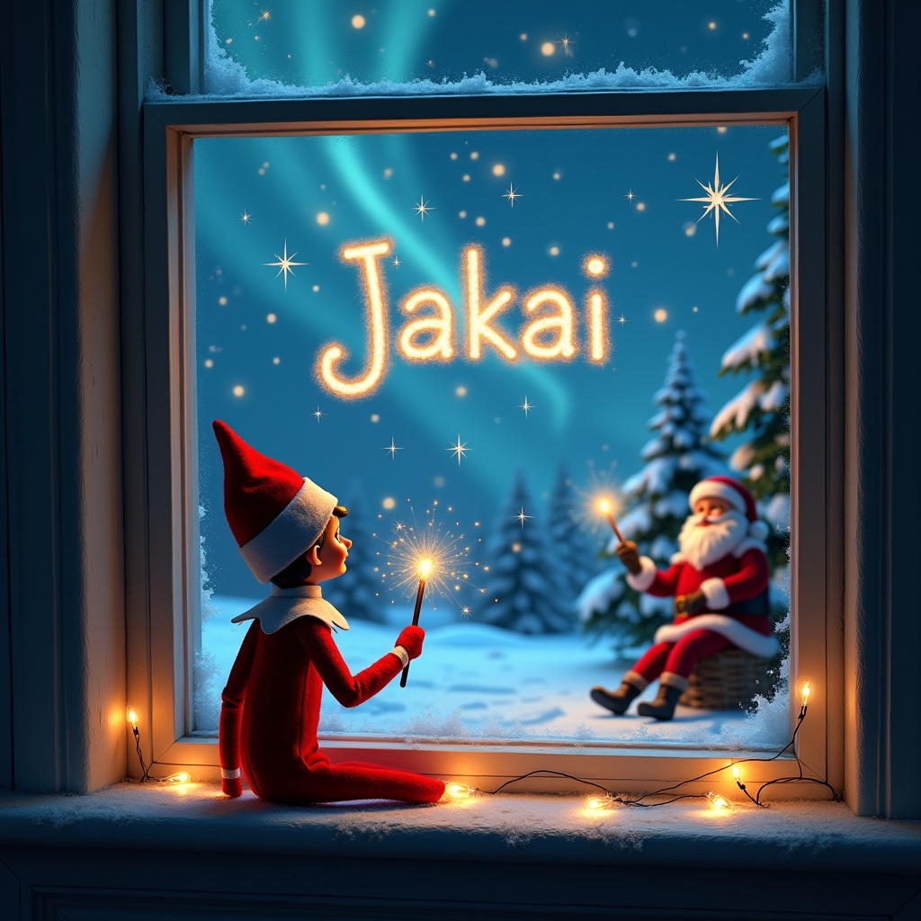 An enchanting scene captures an elf on the shelf seated by a window. The elf is facing away, holding a wand that spells the name 'Jakai' in sparkling lights. Outside the window, Santa Claus enjoys a snowy evening surrounded by trees. The sky is alive with beautiful northern lights, adding to the festive atmosphere. Soft lights on the window sill create a warm glow, enhancing the Christmas spirit. This illustration embodies the magic of the holiday season and evokes feelings of joy and wonder.