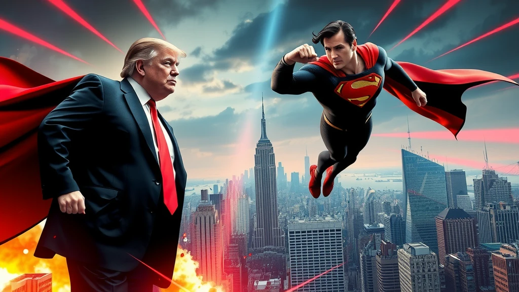 A suited man with a red cape stands dramatically, while a superhero flies over a cityscape.