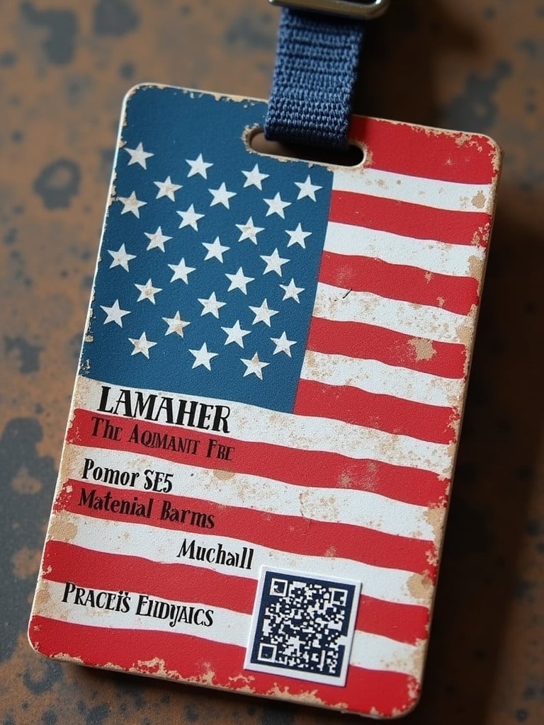 Design a novelty ID featuring the American flag. Include fictional details. Ensure a creative and appealing layout. Use a patriotic color scheme of red white and blue. Create a rustic and worn look.