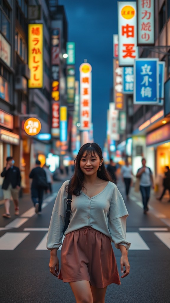 A woman walking down a vibrant, illuminated city street lined with colorful neon signs.