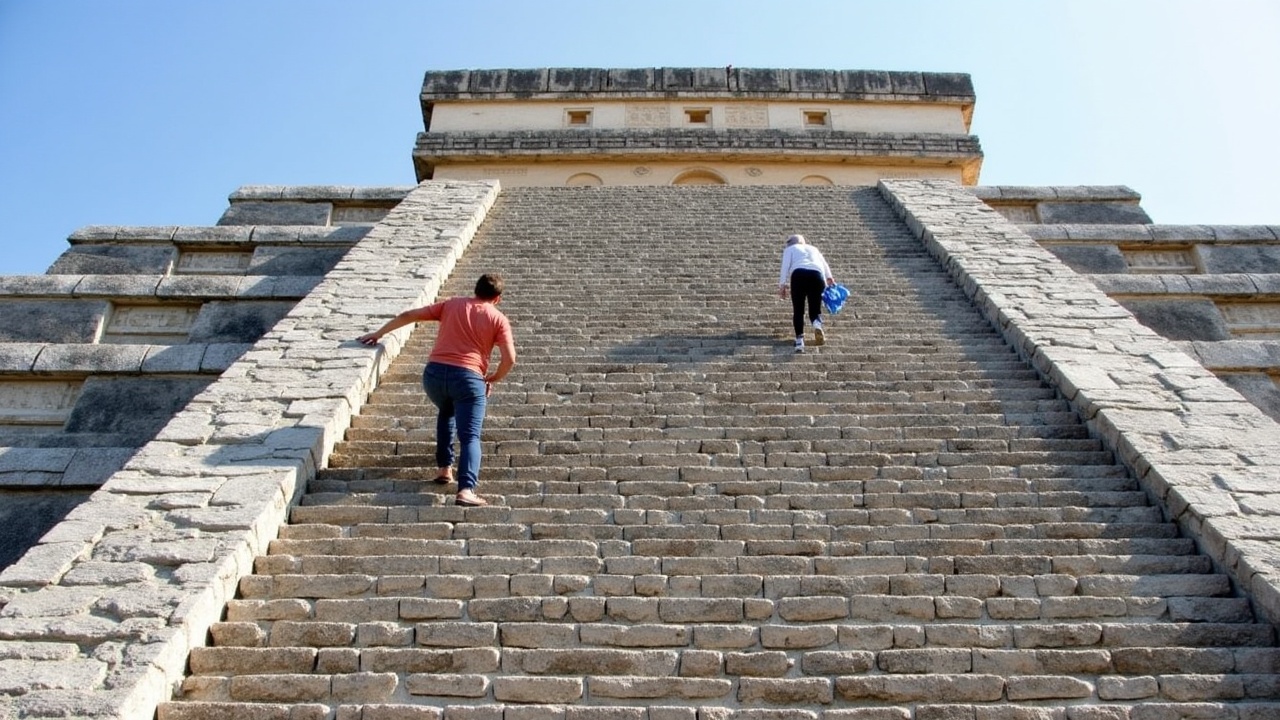 The image captures a scene of two individuals ascending the magnificent El Castillo pyramid at Chichen Itza. The pyramid features tall terraced steps on its outer edges and a more comfortable stone staircase in the center. On the left, a man is seen struggling as he climbs the steep terraced steps, which are almost as tall as him. In contrast, a woman walks up the middle staircase with ease, enjoying her climb. The sunlight brightens the scene, highlighting the texture of the stones and the grandeur of the pyramid, making it a perfect representation of ancient Mayan architecture.