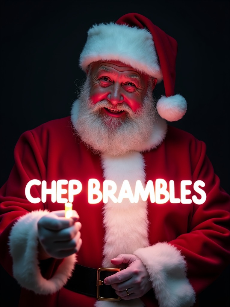 Image of Santa Claus in a red and white suit. Santa holds a glow stick that illuminates 'CHEP BRAMBLES'. Background is dark. Scene evokes Christmas magic and joy.