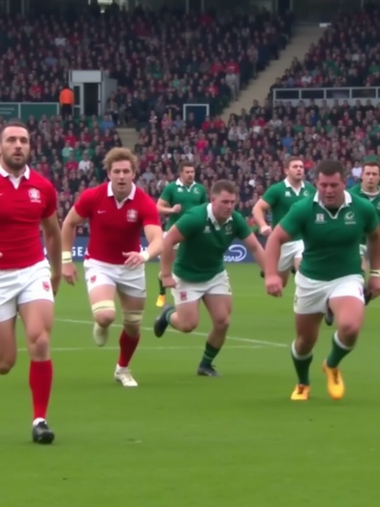 Rugby match in action with players from two teams. One team in red uniforms and the other in green. Players are in motion, focusing on the game. Stadium has a lively audience. Red team has crests and white shorts. Green team also features crests and white accents. Field is lush and green.