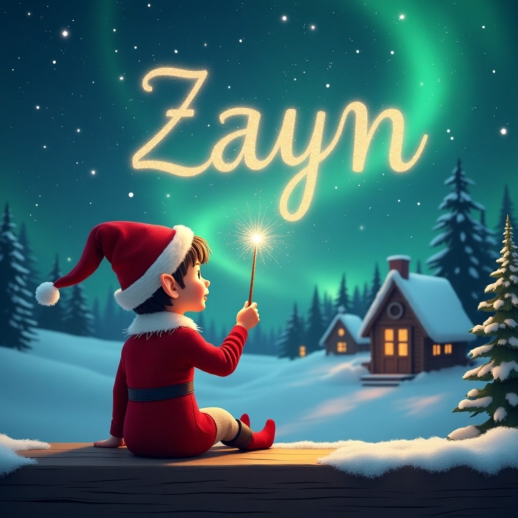 An elf sits on a wooden ledge with its back to the camera, gazing at a magical sky filled with shimmering Northern Lights. Dressed in a festive red outfit with a pointed hat, the elf holds a sparkling wand. With this wand, the elf elegantly writes the name 'Zayn' in the starry sky. In the background, a snowy landscape is dotted with charming little houses and evergreen trees. The scene encapsulates the essence of childhood magic and the joy of Christmas celebrations.