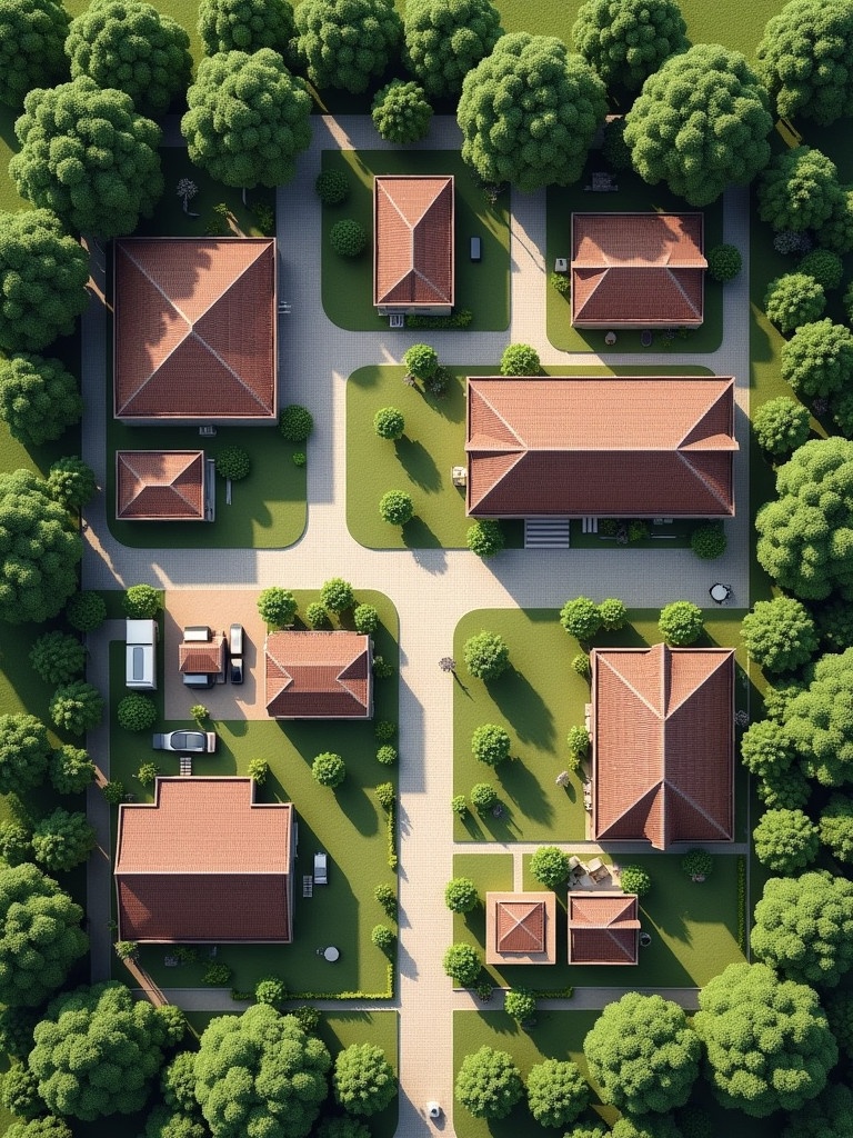 Aerial view shows a family compound layout on a large plot of land. Trees surround buildings that are organized efficiently. Garden areas are incorporated into the design. Emphasis on natural landscaping.