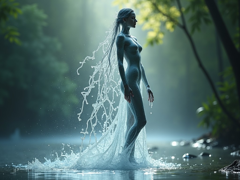 A surreal image depicts a mystical, ethereal figure emerging from water, embodying a water spirit or nymph. The figure is surrounded by a magical aura, with water flowing along its form. The setting is a tranquil forest, giving a serene and enchanted atmosphere as the morning light softly filters through the trees.