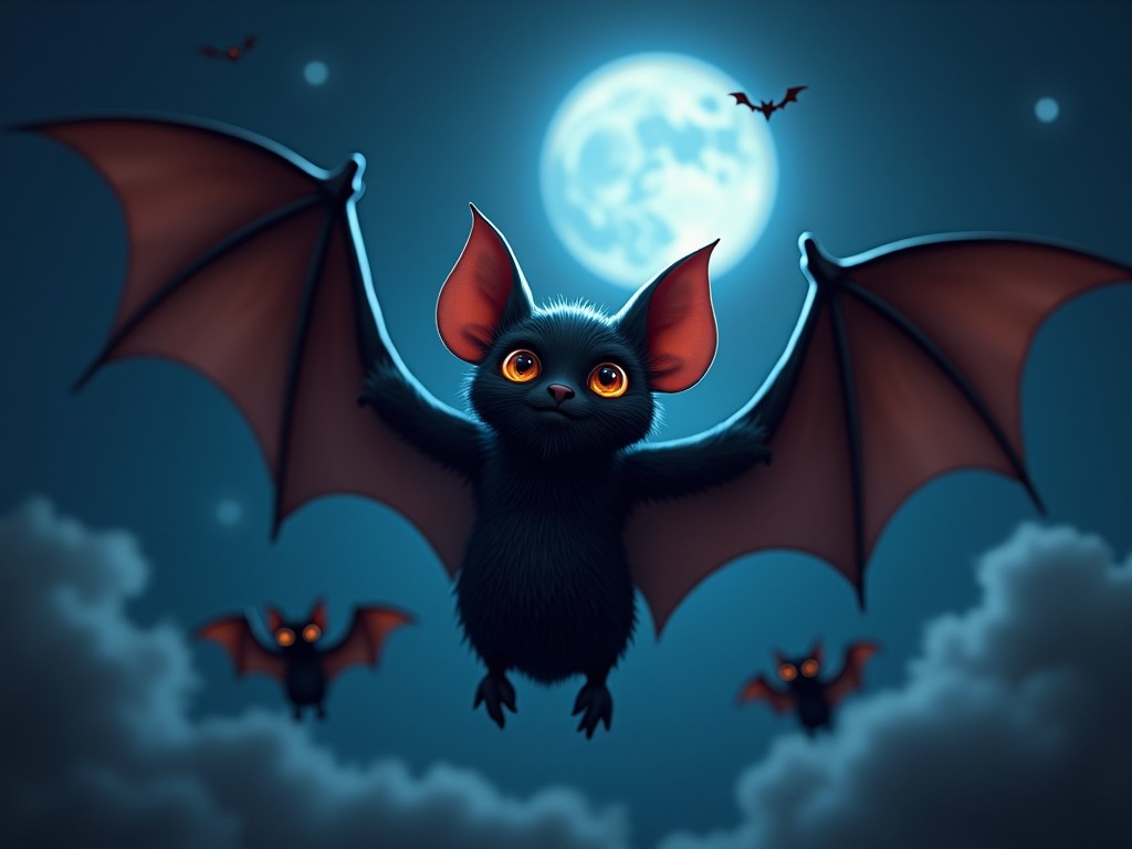 This image features a cartoonish portrayal of bats flying in a night sky. A large full moon looms in the background, casting a silver glow on the scene. The bats have large ears and expressive, bright orange eyes which give them a friendly appearance. Fluffy and cute, they appear to be soaring joyfully through the clouds. Other smaller bats are visible in the background, creating a sense of movement and playfulness. The color palette emphasizes a dark blue night contrasted with the bats' unique colors.