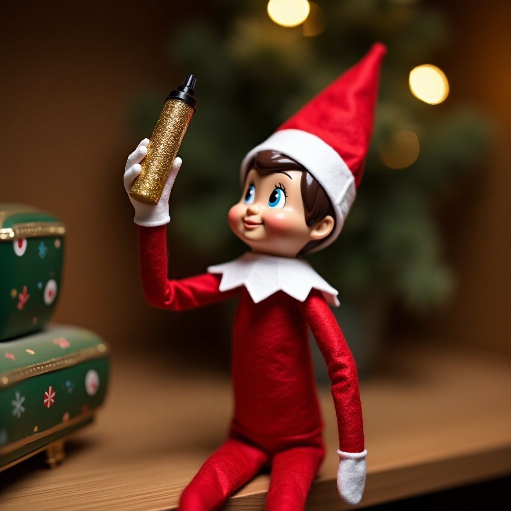 Elf on the shelf holds a gold glitter marker. The elf gazes upward in a festive setting. It is brightly colored and festive. The background features holiday decorations.