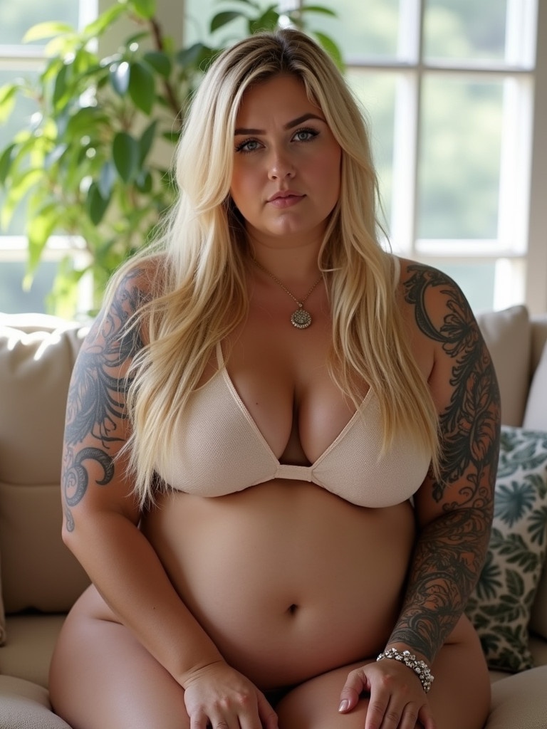 Chubby woman with long blonde hair and tattoos wears a bikini. She sits on a couch in a sunlit room. A calm demeanor is evident. The room has cushions and a plant. Sunlight filters through large windows.