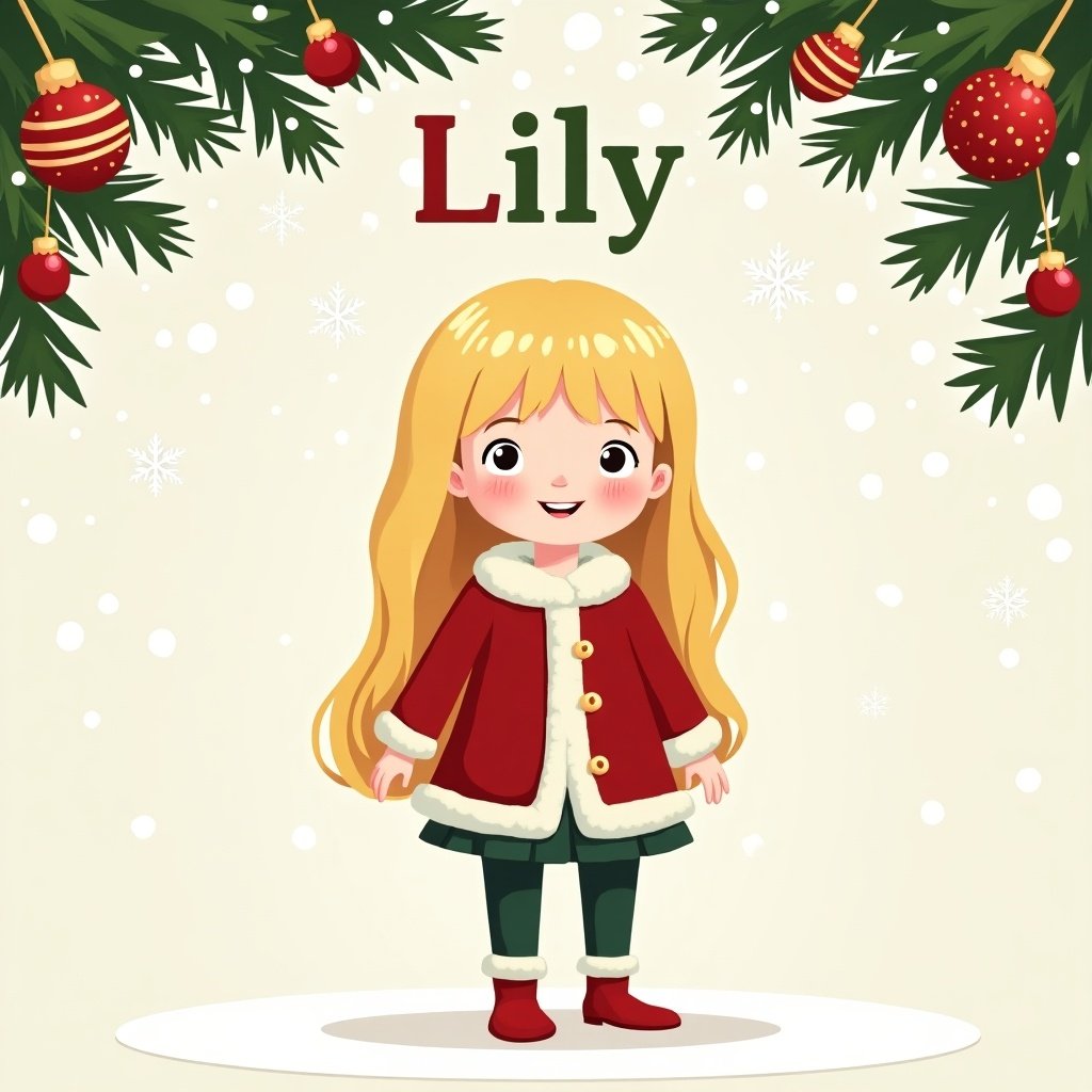 Cartoon character with straight blonde hair wearing a red coat and green pants. Holiday theme with Christmas decorations and the name Lily prominently displayed.