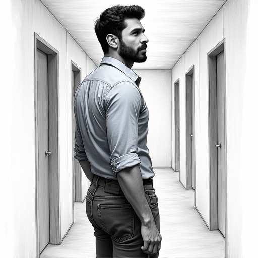 A detailed hyper-realistic pencil sketch of a man in a light blue shirt and dark jeans standing in a corridor. The man looks around and breathes deeply. Facial expression shows exhaustion and resolve. The design follows the rules of third. The camera angle is over-the-shoulder with a slight low angle to convey intimacy. Chiaroscuro lighting creates smooth blended shading. The color tone is strictly black and white. The sketch is ultra-high-resolution and finely shaded.