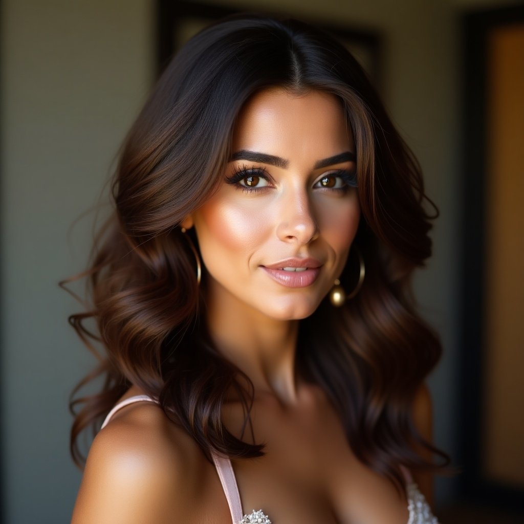 A close-up portrait of a woman with brown hair. The woman has good features and is positioned as a beauty niche Instagram creator. The focus is on her hair and shoulders.