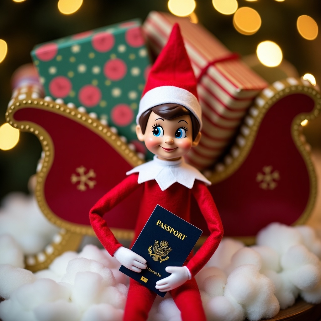 Elf on the Shelf holds a passport. Elf is in a North Pole airport. Background has sleigh filled with presents. Cotton balls look like snow. Warm and festive lighting adds holiday atmosphere.