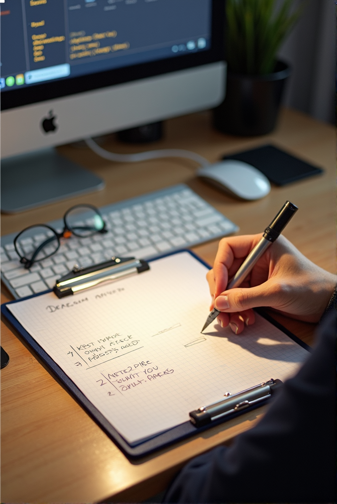 A person is writing notes on a clipboard next to a computer in a well-lit office space.