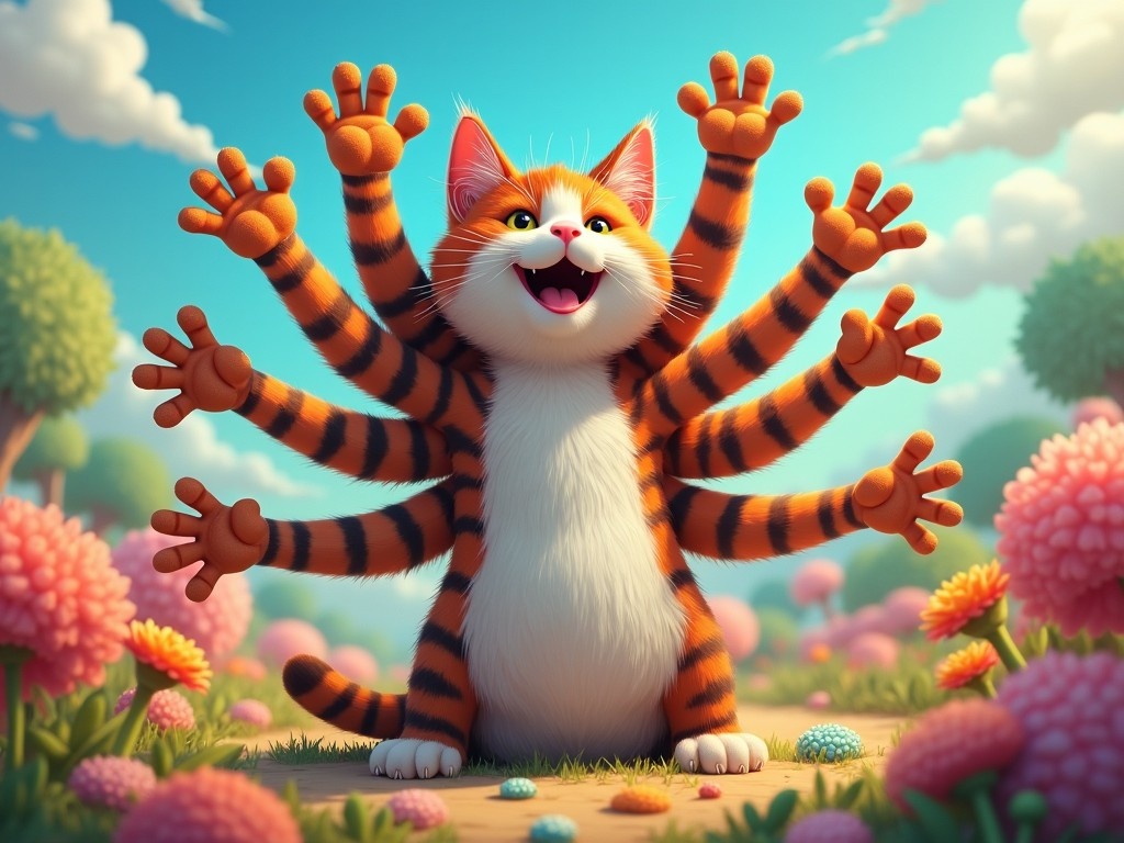 The image features an adorable cat with eight arms, all playfully reaching out. It stands amidst a garden of colorful flowers, radiating joy and energy. The cat has a wide, happy smile, showcasing its playful nature. A sunny sky enhances the cheerful atmosphere of the scene. This whimsical portrayal makes for a delightful visual that appeals to both children and adults.