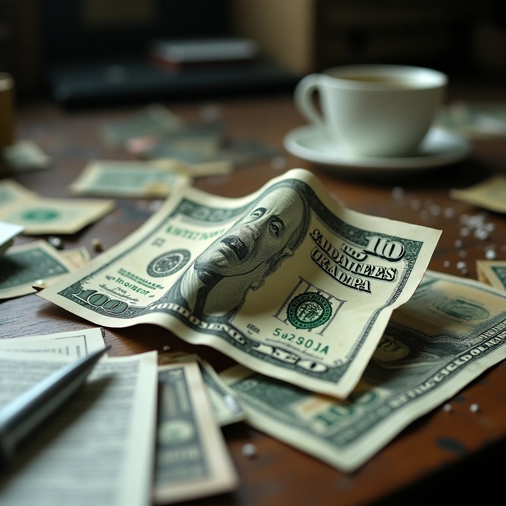 Crumpled dollar bill resting on a chaotic desk. Scattered papers and empty coffee cups surrounding the bill. Scene evokes absurdity of wealth in a disordered environment. Muted colors with a dystopian feel. Reflects tension between money and meaning.