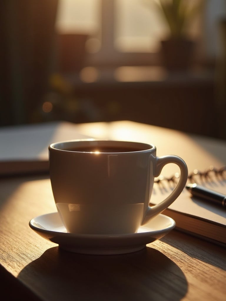 A cozy coffee cup sits on a wooden desk. A notebook and pen rest nearby. The scene is illuminated with warm, soft lighting. The background shows hints of plants and soft colors. It's a serene morning moment.