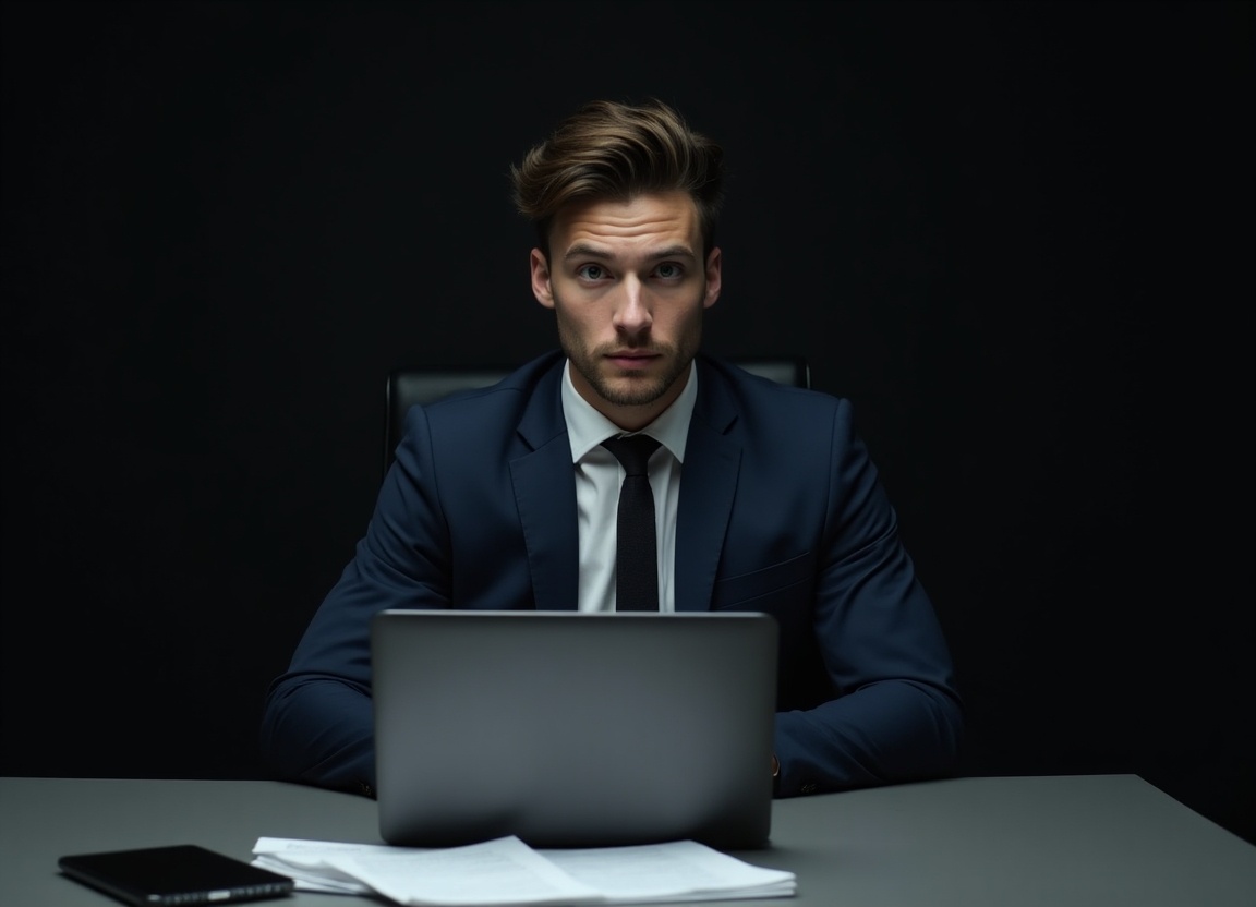 Create an image of a strict young man in a business suit, located in a dark, modern office. The man is sitting at a table, with his gaze directed at the viewer. His facial expression is focused and confident. The atmosphere is minimalist and stylish, with subdued lighting emphasizing the seriousness of the environment. On the table, there is a laptop and some documents, symbolizing a professional approach to work.