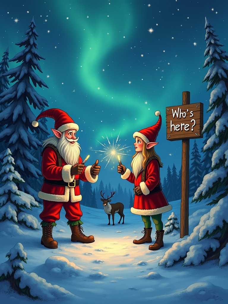 The image presents two Christmas elves in a snowy North Pole forest. Snowflakes cover the ground. Bright glowstick wands light up a wooden sign saying 'Who's here?'. The night sky is filled with twinkling stars and vibrant northern lights. Surrounding pine trees are frosty. A reindeer is positioned nearby, enhancing the wintry atmosphere.