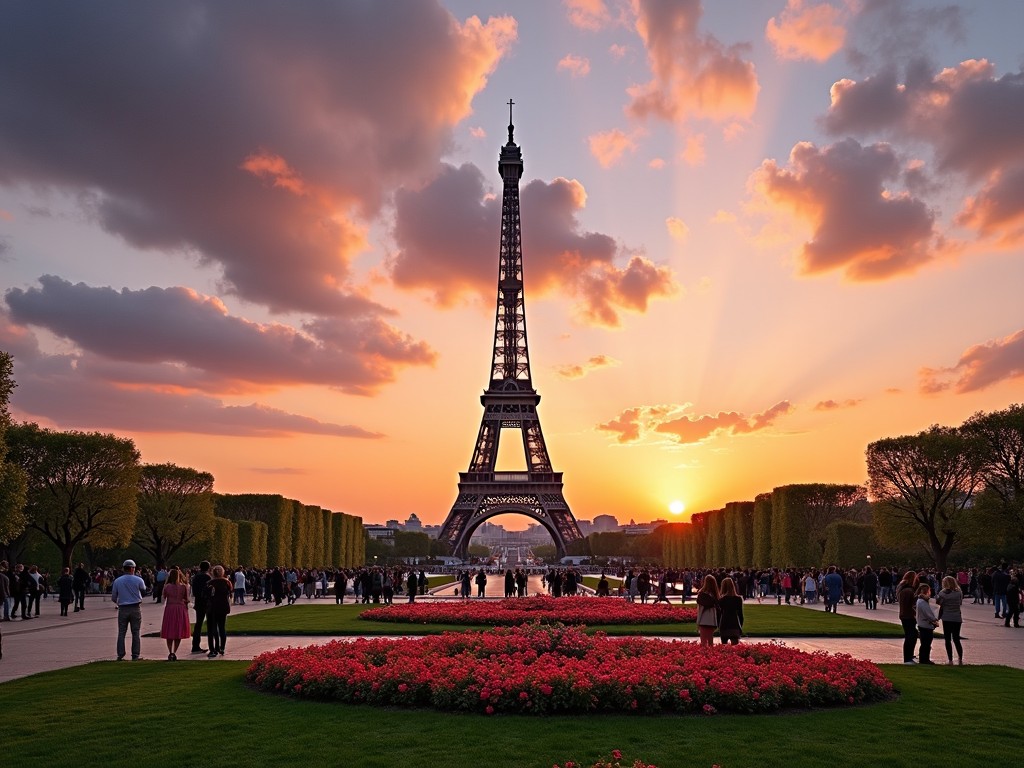 This image captures the Eiffel Tower during a breathtaking sunset. The sky is painted in shades of pink and orange, enhancing the aura of romance. In the foreground, vibrant flowers add a lush contrast to the greenery surrounding the monument. The scene is bustling with visitors, showcasing its status as a must-see destination. The illumination of the tower against the sunset sky creates a magical atmosphere. This photograph encapsulates a perfect moment in Paris, inviting viewers to experience its charm.