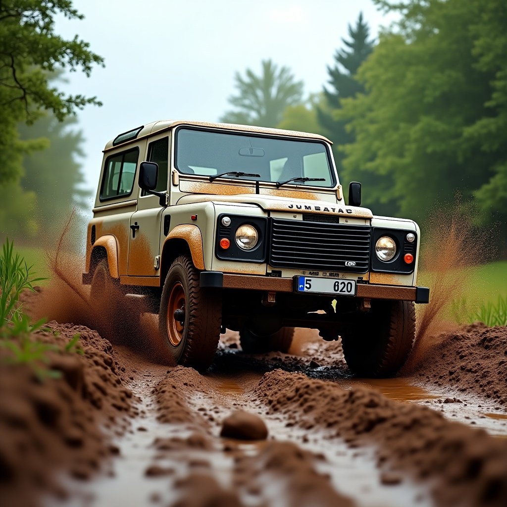 A 4x4 vehicle driving through muddy terrain. The vehicle is kicking up mud and surrounded by greenery. Emphasis on the action and adventure of off-roading.