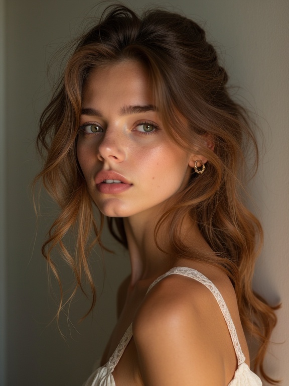 A young adult female with flowing hair in a stylish pose. She wears a soft-colored outfit. The background is light and neutral. The image captures her natural beauty and grace.