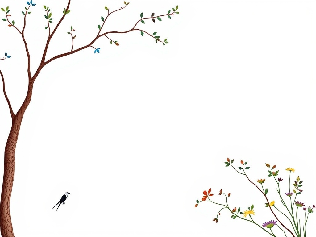 This image features a minimalist design with a tree on the left, its branches elegantly reaching across the canvas. On the right, colorful flowers add vibrant touches against the stark white background. A small bird is perched mid-flight, adding life to the tranquil scene.