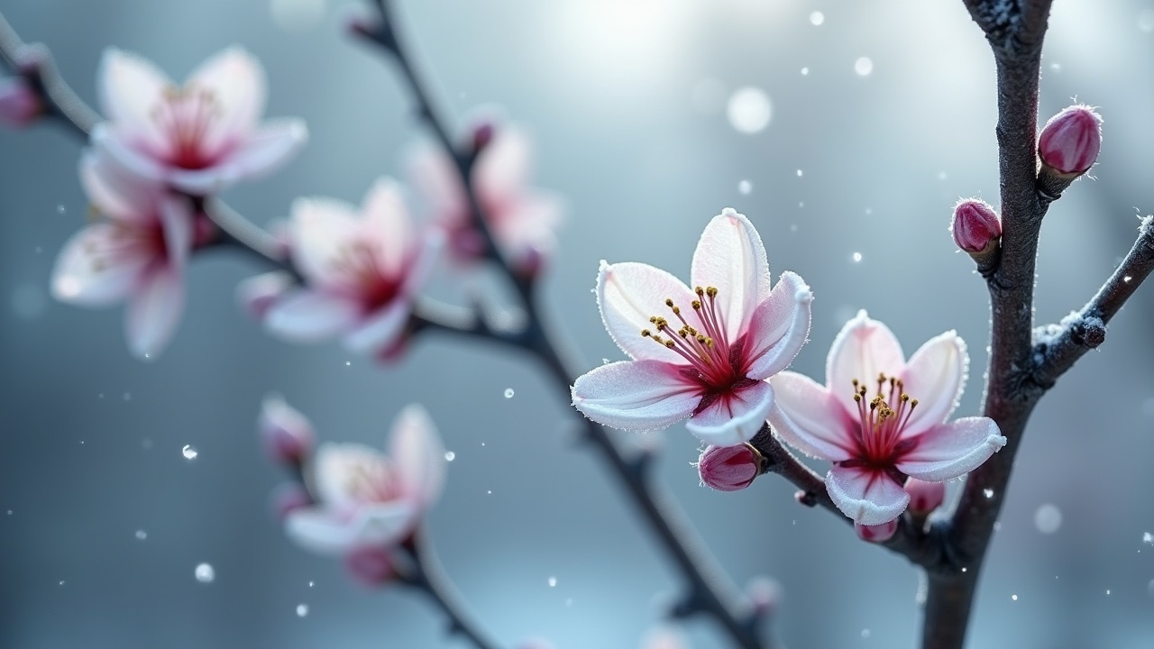 This image captures the serene beauty of plum blossoms blooming at the onset of winter. Several branches showcase pale pink buds and delicate flowers with white petals, enhanced by tiny frost beads glistening on them. The cold wind of early winter creates a quiet backdrop, highlighting the tenacity and vitality of these blossoms. The overall tone is cool and tranquil, effectively illustrating the unique charm of plum blossoms in this season. Rich details and a subtle color correction amplify the realism and mood of the scene.