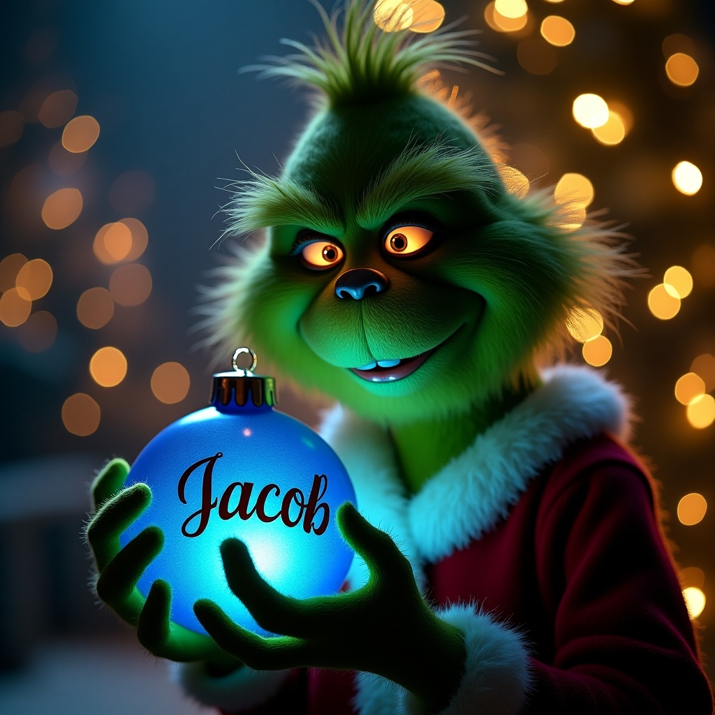 A Grinch holds a glowing blue Christmas bauble. The bauble displays the name Jacob in elegant script. The scene is dark with twinkling Christmas lights in the background.