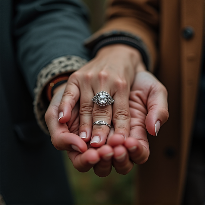 Two hands are gently holding each other, showcasing a large, sparkling ring.