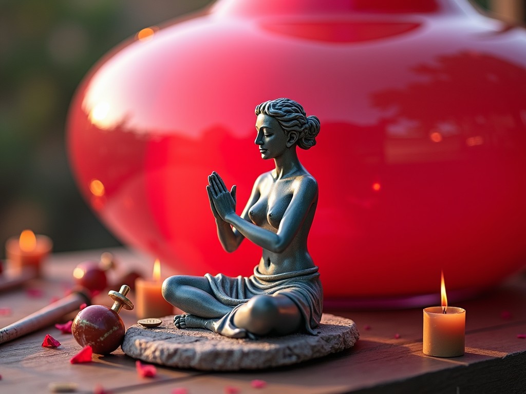 A serene scene featuring a spiritual statue in a meditative pose surrounded by candles and petals, with a large red vase in the background, creating an ambiance of tranquility and reflection.