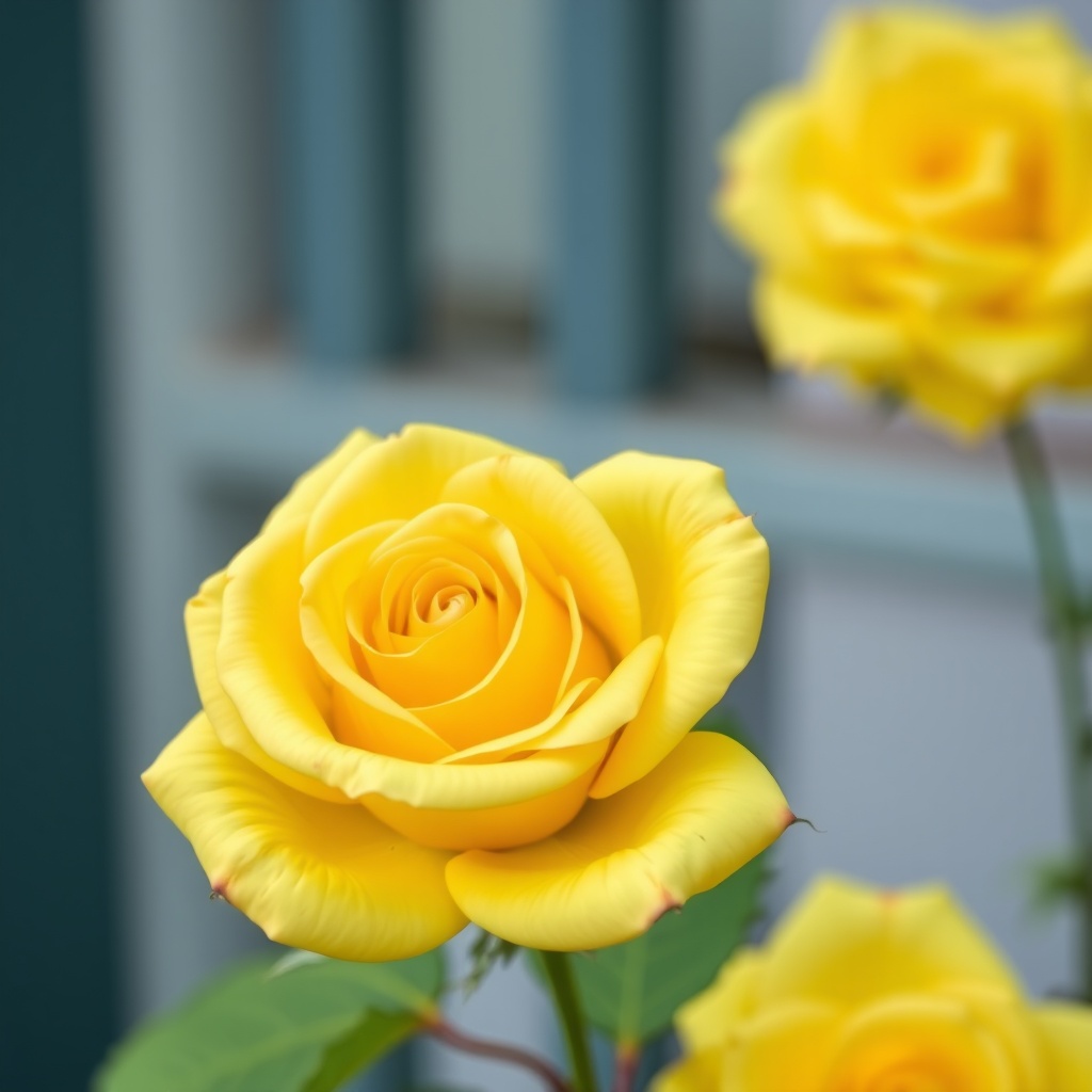 A vibrant yellow rose in bloom with a soft focus background of greenery and another rose.