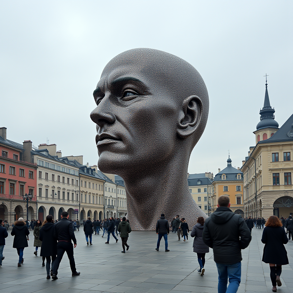 A colossal hyper-realistic sculpture of a human head dominates a bustling, historical European square on a cloudy day.