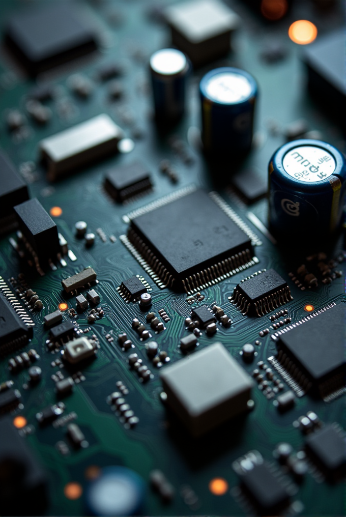 The image shows a close-up of an electronic circuit board with various components like chips and capacitors.