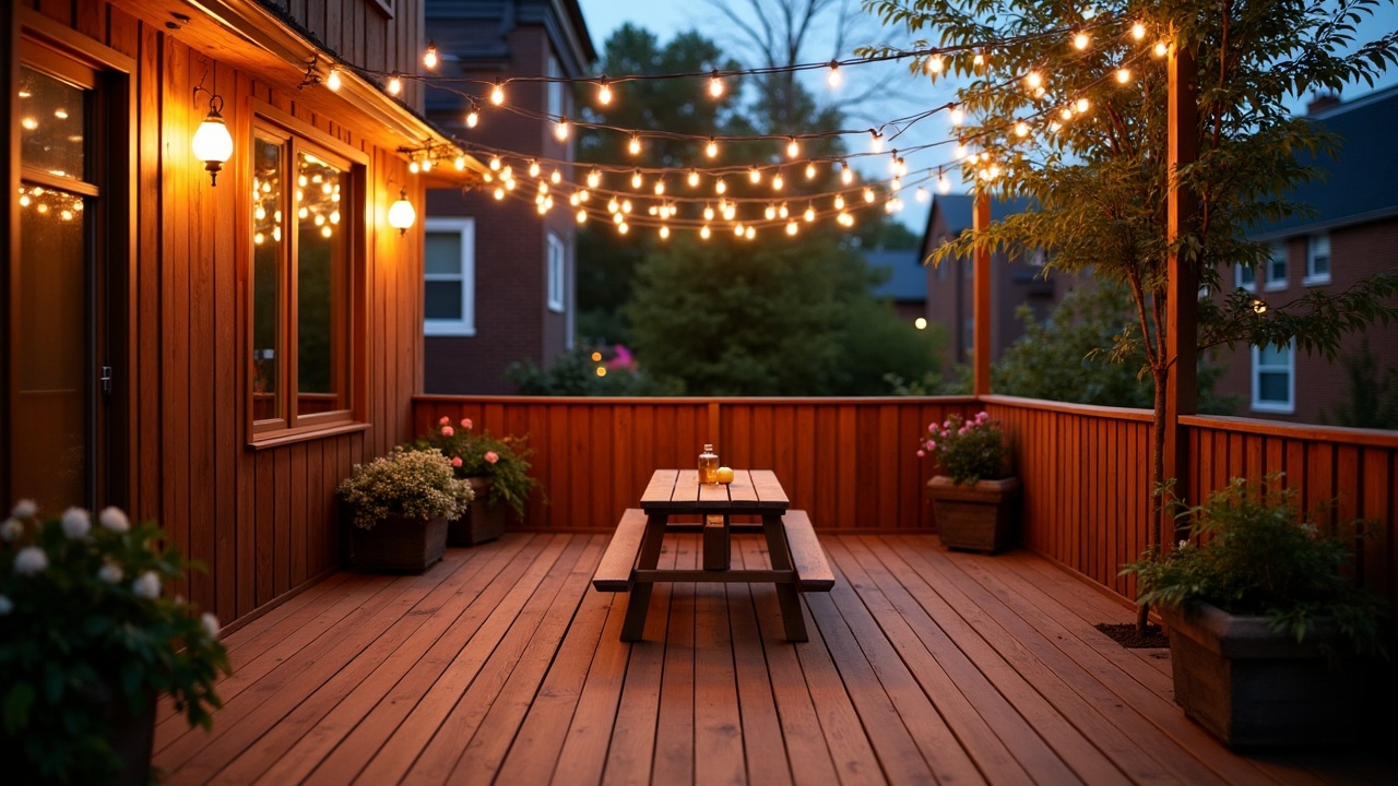 The image showcases a beautifully lit wooden deck during the evening. Warm string lights hang above, casting a cozy glow over the entire area. In the center stands a simple wooden picnic table with a small decorative item, while plant containers line the deck, adding touches of greenery and vibrancy.