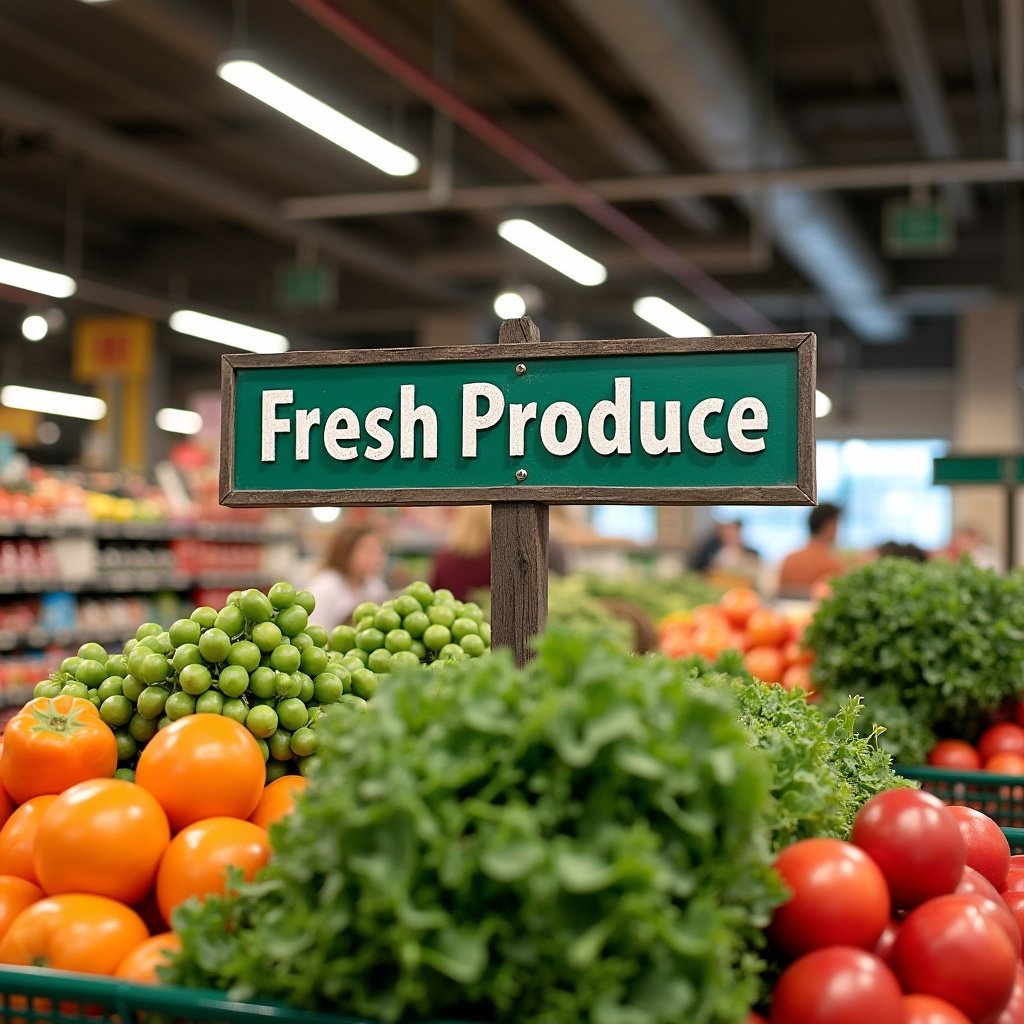 A grocery store section sign that indicates fresh produce. Colorful fruits and vegetables are displayed in the background.