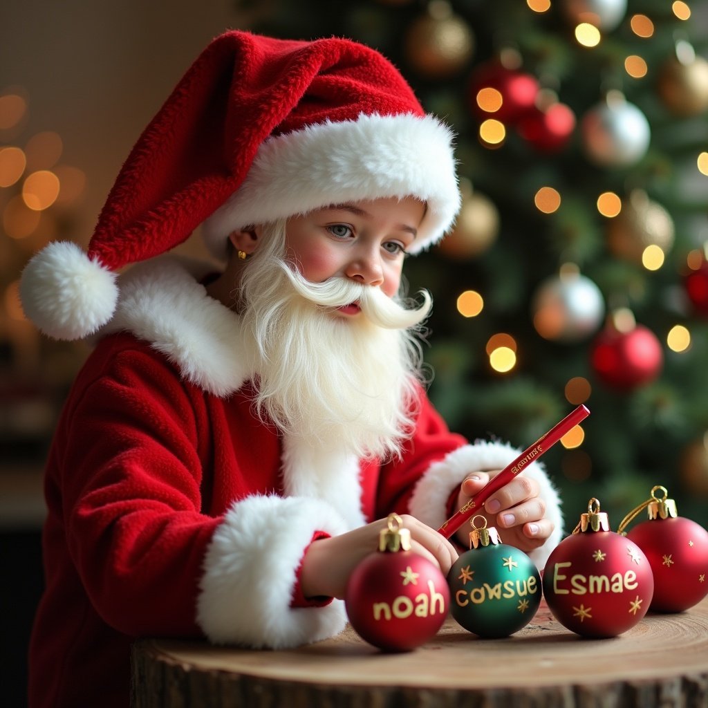 A young boy dressed as Father Christmas sits at a table, surrounded by colorful Christmas baubles. He has a fluffy white beard and a red Santa hat. In front of him are three baubles labeled with the names 'Noah', 'Coby', and 'Esmae'. The background features a beautifully decorated Christmas tree with soft glowing lights. The scene evokes joy and holiday spirit, making it ideal for festive promotions. The boy is focused on drawing, adding a personal touch to the holiday season. This image captures the magic of Christmas through a child's eyes.