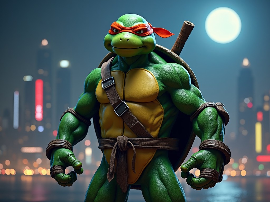 This image showcases an ultra-realistic depiction of a ninja turtle standing confidently. The character has a muscular build, wearing a signature orange mask and a brown belt. Behind the turtle, a vibrant city skyline glows with neon lights under a moonlit sky. The figure is tied with ropes to emphasize its resilience. The turtle's stance conveys strength and determination, making it a striking visual for fans of action and animation.