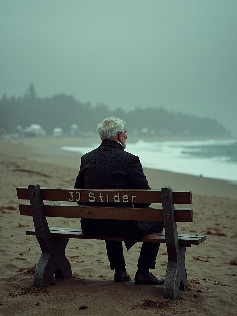 An elderly man sits alone on a beach bench looking out at the sea. Fog covers the scene creating an atmospheric mood. The bench has 'Strider' engraved on it. The beach is tranquil with distant shoreline features.