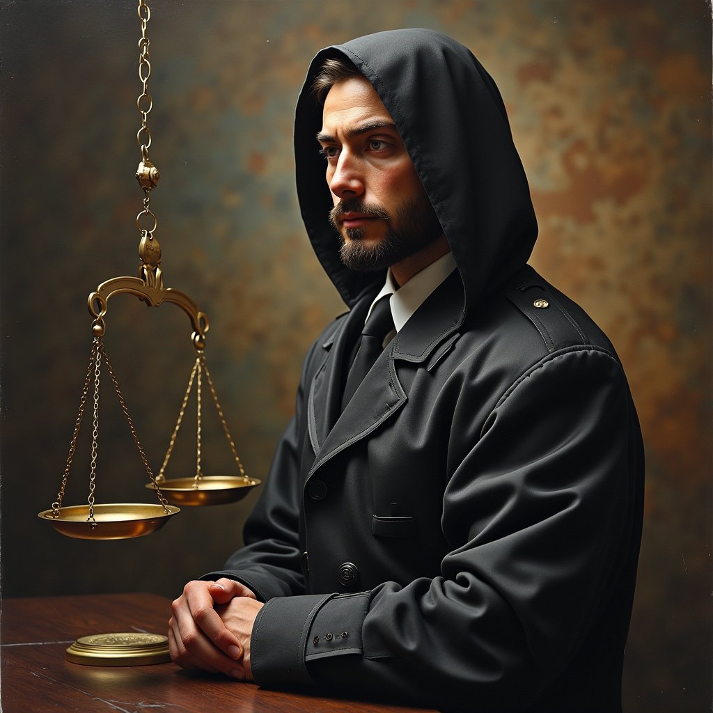 Image represents a symbol of criminal justice. Features an individual with a hooded coat sitting at a table. Scales of justice are visible nearby. Soft lighting enhances the ambiance.