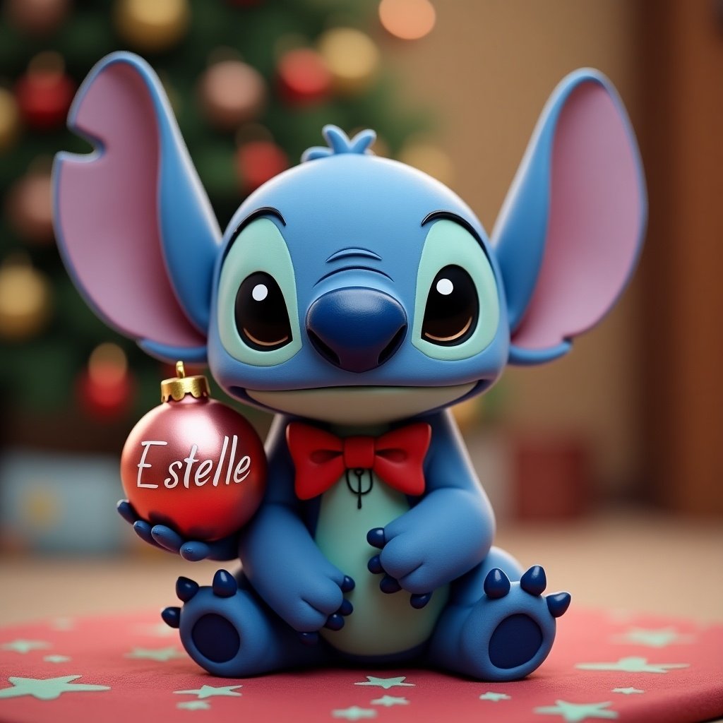 Character resembling Stitch from Disney. Character is blue with large ears and a bow tie. Christmas background with decorations. Holding Christmas bauble with the name Estelle.